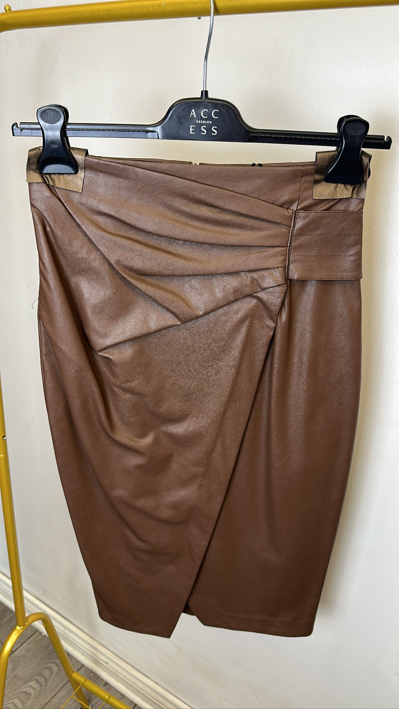 Access Fashion Chocolate Brown PU Leather Wrap Skirt