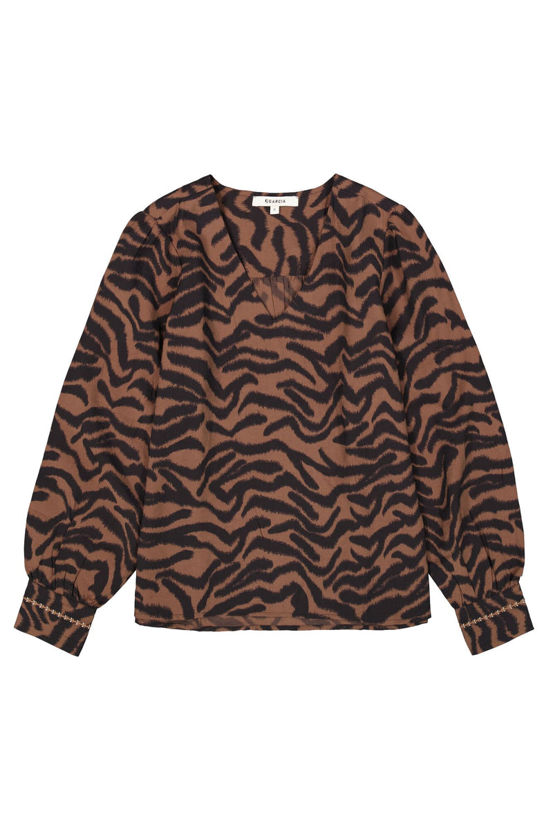 Garcia Chocolate Brown/Black Abstract Print V-Neck Blouse