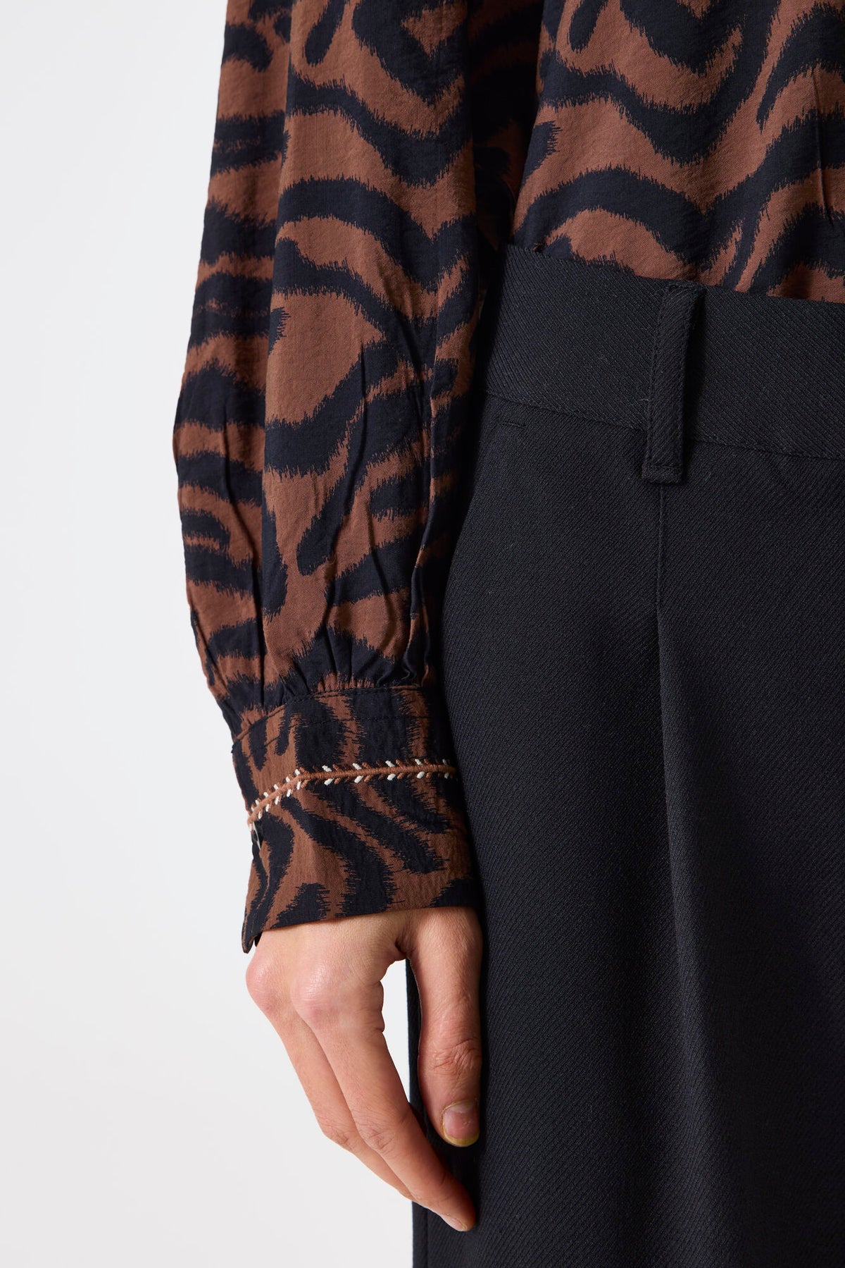 Garcia Chocolate Brown/Black Abstract Print V-Neck Blouse