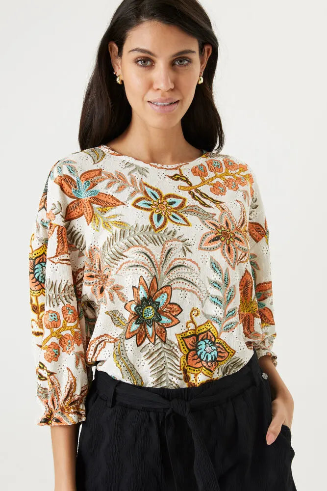 Garcia Soft Cream Floral Abstract Printed Knitted Top, Q40007