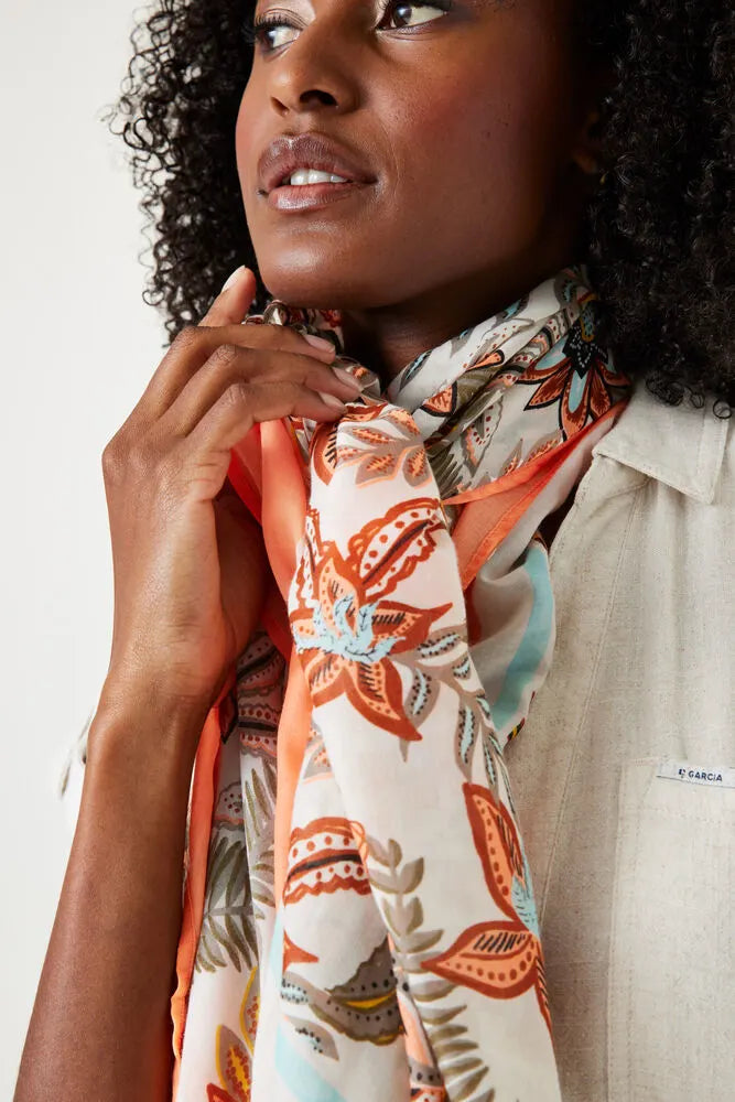 Garcia Cream/Coral Floral Abstract Printed Scarf, Q40131