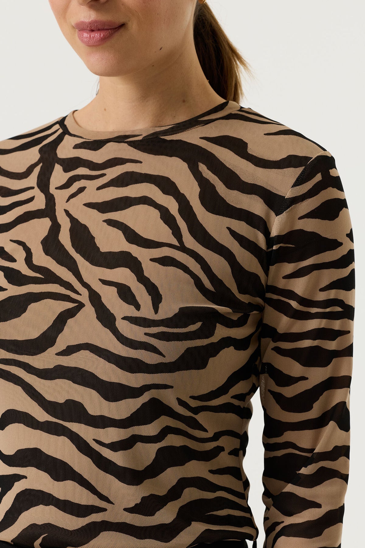 Garcia Black/Stone Taupe Zebra Print Mesh Long Sleeve Top, U260011