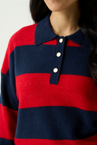 Garcia Sapphire Mist/Red Knitted Striped Polo Sweater, U260042