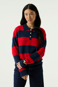 Garcia Sapphire Mist/Red Knitted Striped Polo Sweater, U260042