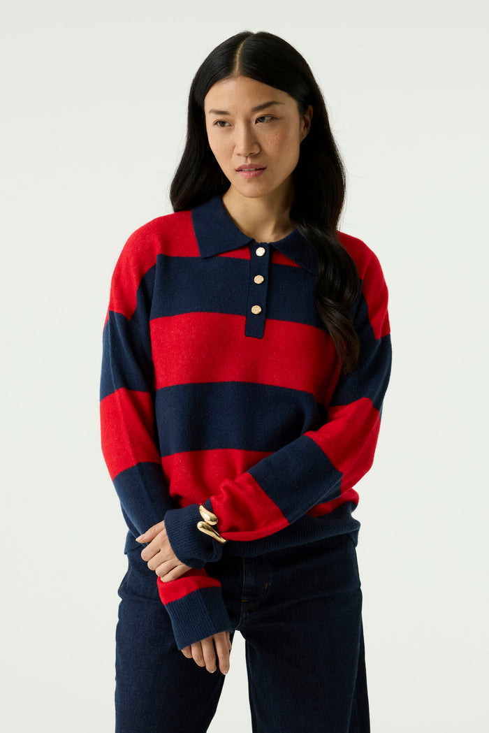 Garcia Sapphire Mist/Red Knitted Striped Polo Sweater, U260042