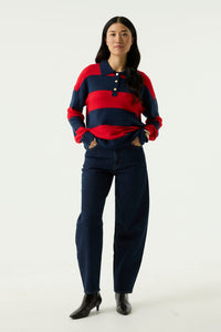 Garcia Sapphire Mist/Red Knitted Striped Polo Sweater, U260042
