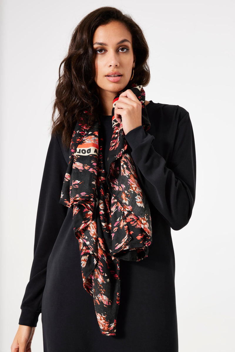 Garcia Black Floral Colourblock Trim Scarf, U40134