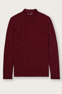 Garcia Rosewood Burgundy Velvet Polka Dot Long Sleeve Mesh Top