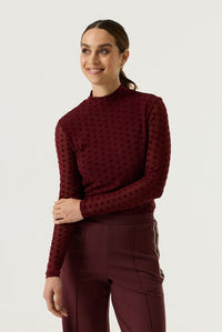 Garcia Rosewood Burgundy Velvet Polka Dot Long Sleeve Mesh Top