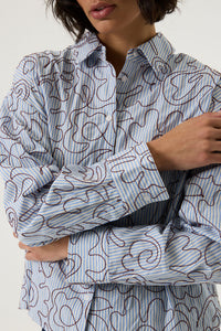 Garcia Blue Stripe Oversized Shirt with Burgundy Embroidery, V260235
