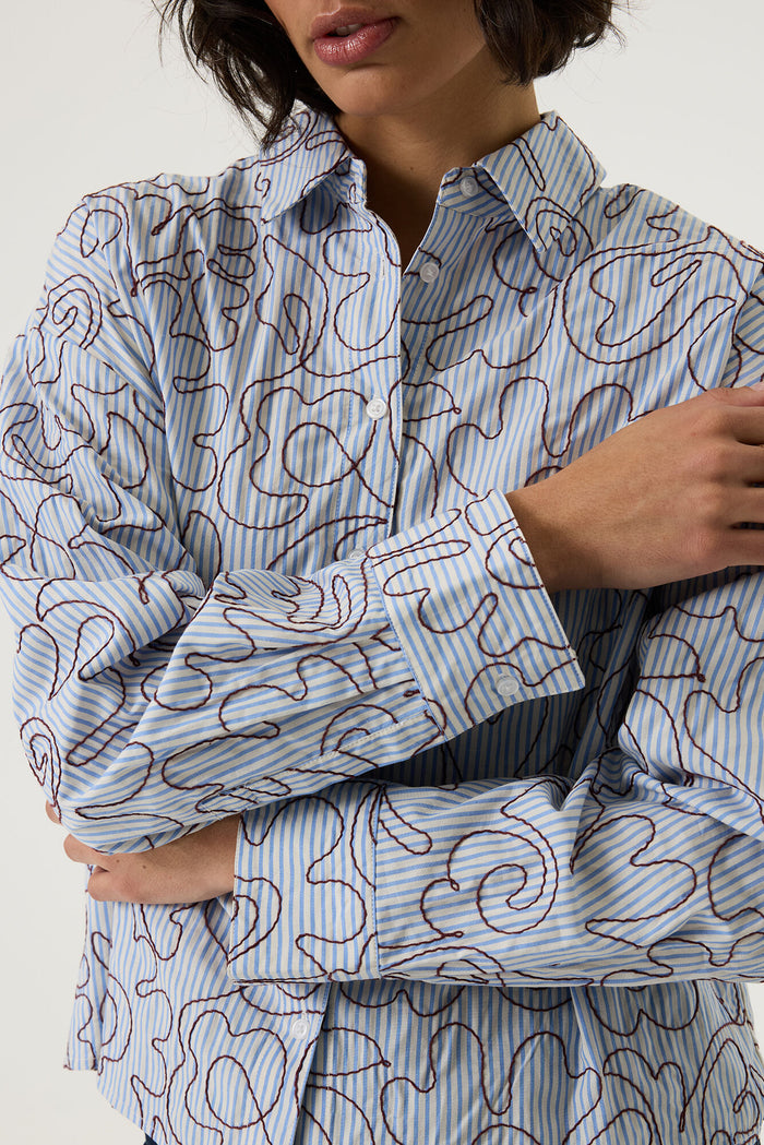 Garcia Blue Stripe Oversized Shirt with Burgundy Embroidery, V260235