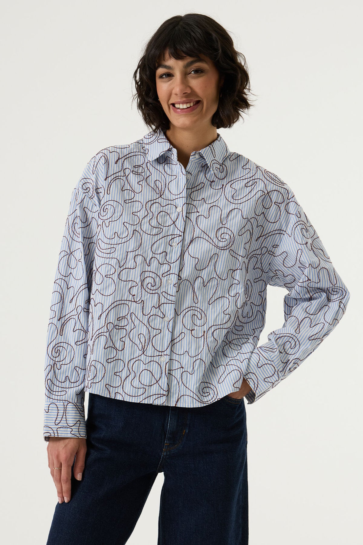 Garcia Blue Stripe Oversized Shirt with Burgundy Embroidery, V260235