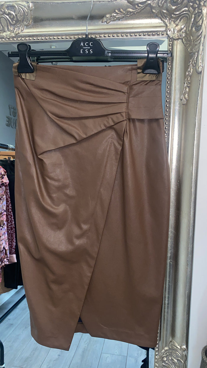 Access Fashion Chocolate Brown PU Leather Wrap Skirt