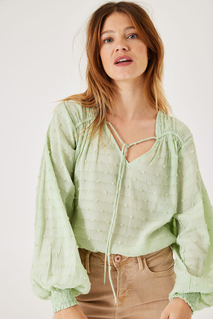 Garcia Smoke Green V-Neck Spot Tie Neck Blouse, B30231